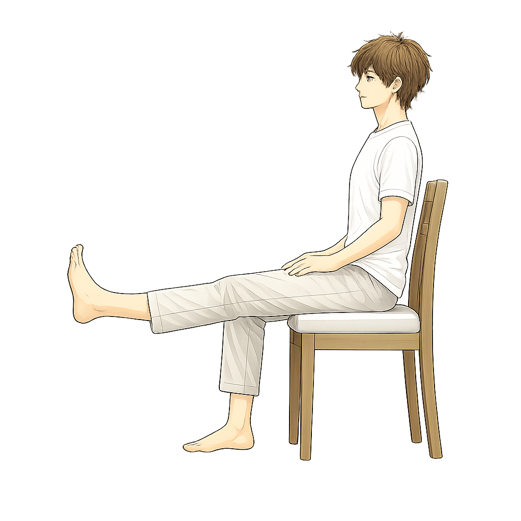 座位での四頭筋訓練：椅子に座って片脚を前にまっすぐ伸ばし、つま先を天井方向に向けて5〜10秒キープする