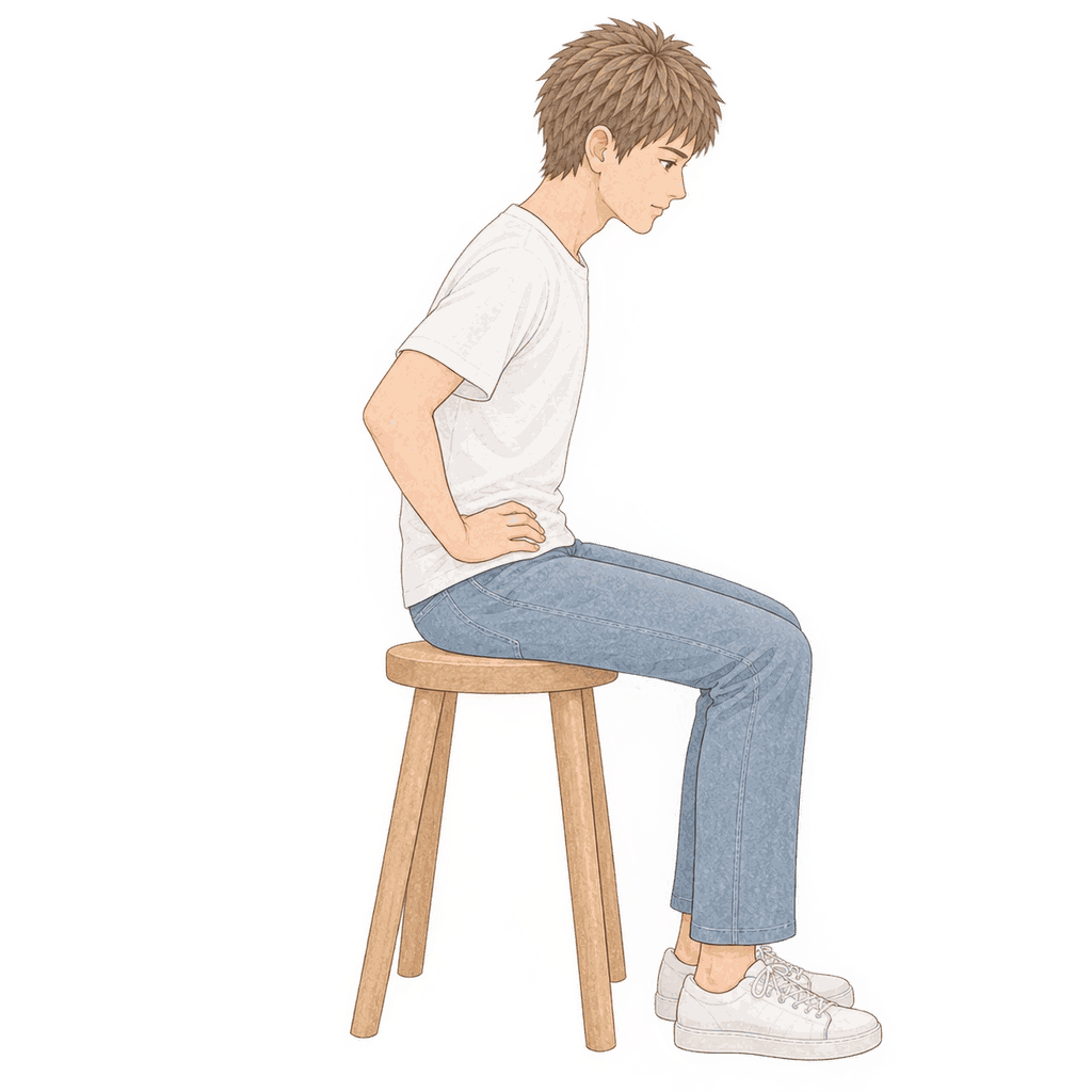 骨盤を後ろに倒した姿勢：丸椅子に座り両手を腰に当て、腰から背中が丸まっている