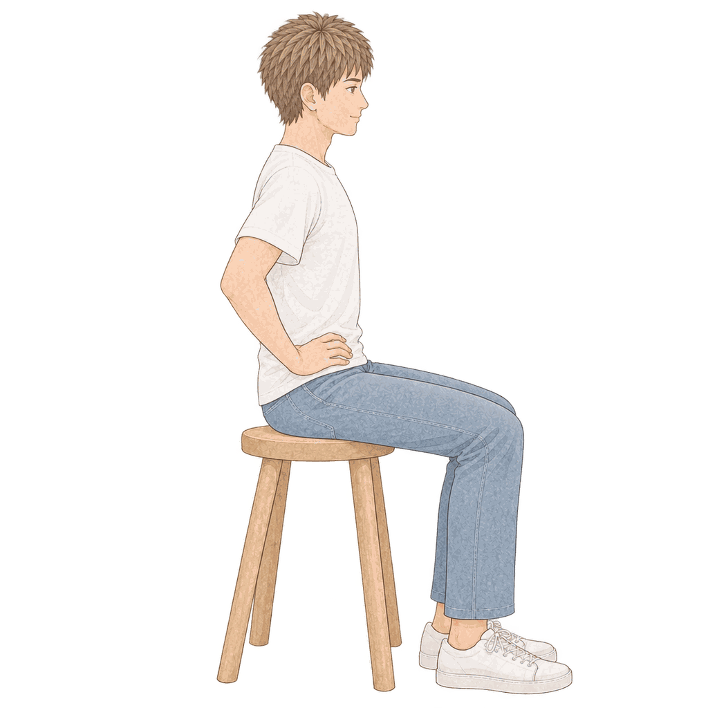 戻した姿勢：腰が反りすぎず、背中も丸まりすぎていない自然な座り方